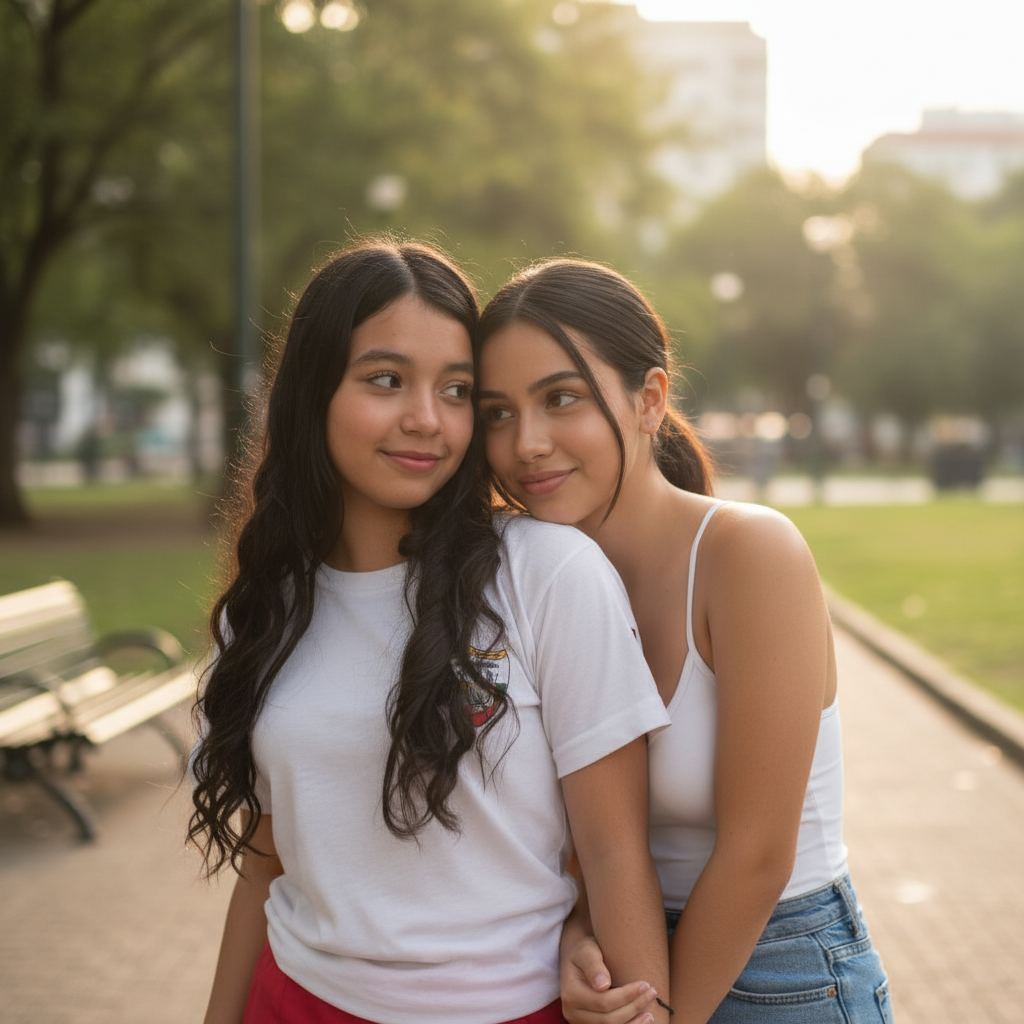 combine two uploaded people into one natural photo. make them stand close together, leaning slightly toward each other, with natural poses and expressions. Keep their original facial features, body proportions, physique, body shape, skin tones, and clothing styles completely unchanged. Preserve the natural lighting conditions from the original images. Maintain realistic body proportions - no extra limbs, no multiple hands or feet, no distorted body parts. Create a seamless and natural composition that preserves each person's unique characteristics, making it easy to generate natural movements and actions in subsequent steps. High-quality artistic portrait with professional lighting and cinematic composition. aikissinggenerator website