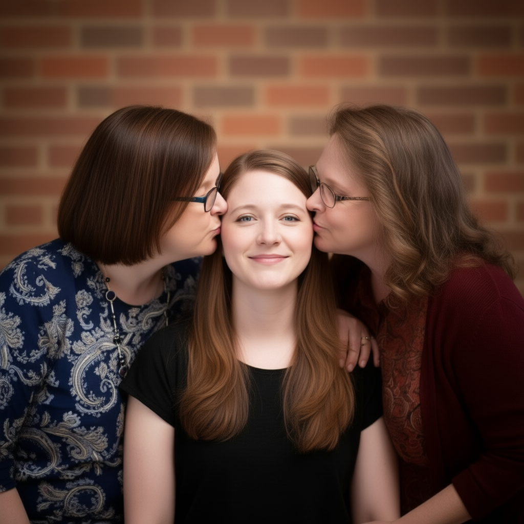 Romantic three-person kiss. Side people gently kiss the person in the center. Natural pose, warm lighting, cinematic portrait. aikissinggenerator website