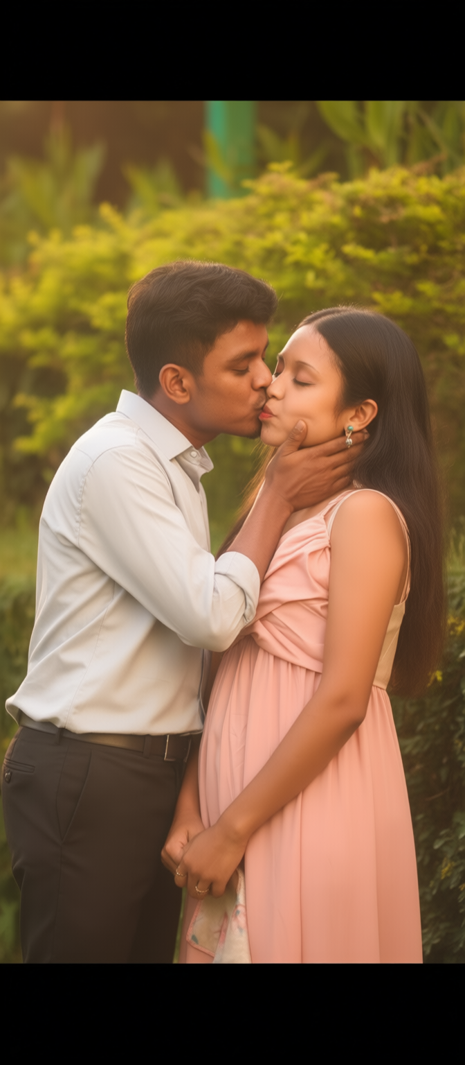 Romantic two-person kiss. The left one gently kisses the right one. Natural pose, warm lighting, cinematic portrait. aikissinggenerator website