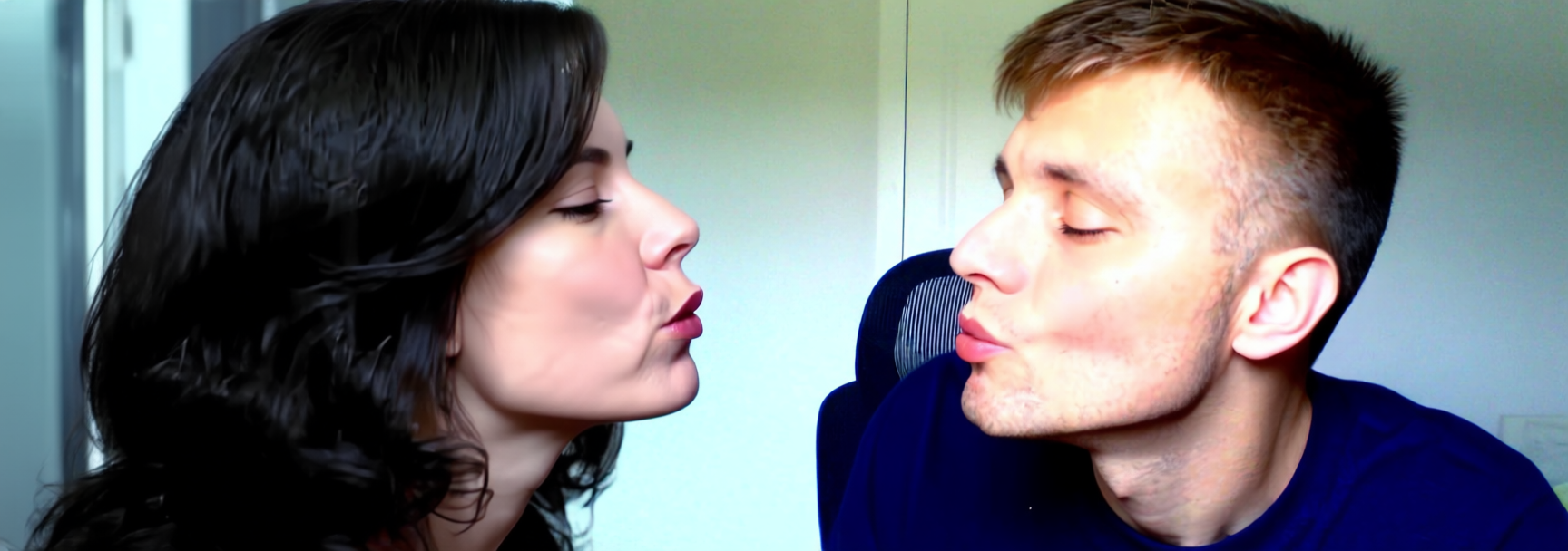 Make them do air kiss, create a playful air kiss pose with natural expressions and romantic atmosphere. The subjects blow kisses to each other with playful gestures, showing warm and affectionate expressions. aikissinggenerator website